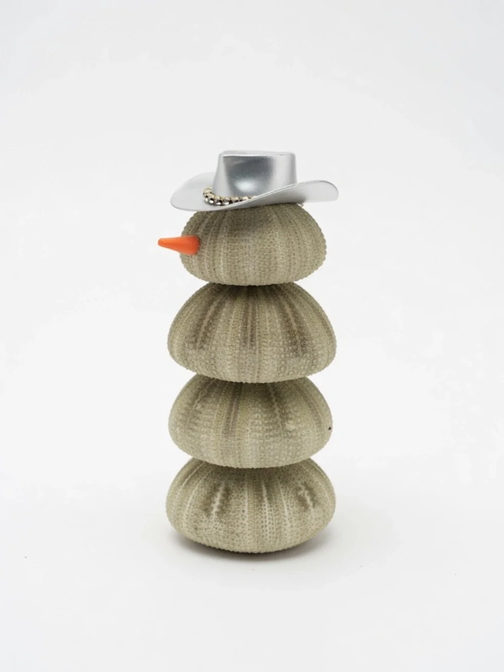 Olive Green Stacked Sea Urchin Snowman with Silver Hat and Orange Nose